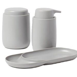 Gray Bathroom Accessory Set: canister, tray, dispenser